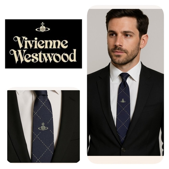 Vivienne Westwood Necktie Navy Blue skull Silk100% Made In Italy Tip - Picture 1 of 9
